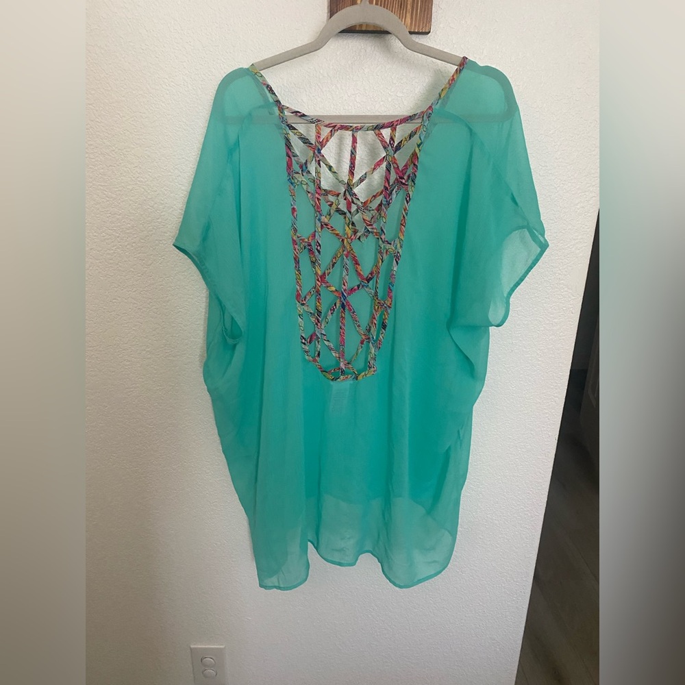 Jessica Simpson Blue and Green Dolman Sleeve Swim Cover-up Tunic